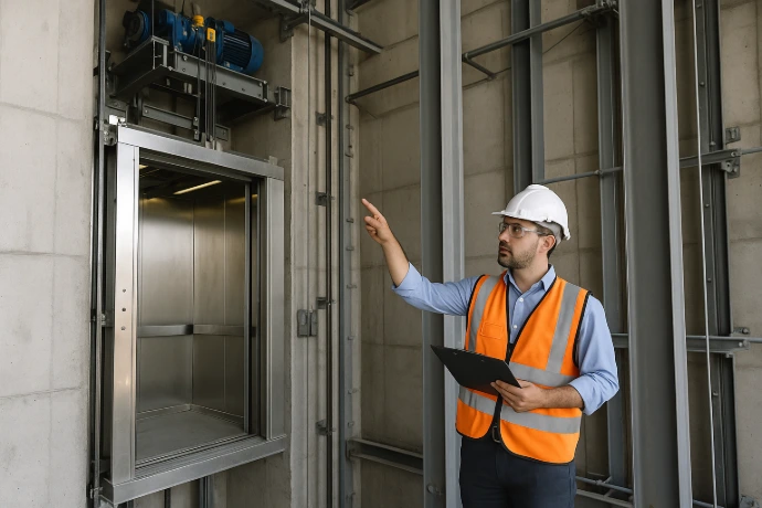 Engineer inspecting elevator installation work at construction site – lift shaft, MS structure, mechanical infrastructure job.”